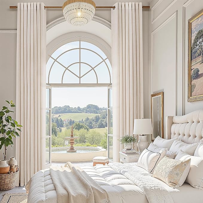 Nanspring Beige Linen Curtains 144 Inch Length for Living Room Bedroom Extra Long Grommet Modern Farmhouse Coastal Decor Cotton Textured Beige Sheer Linen Curtain for High Window 52x144,2 Panels Set