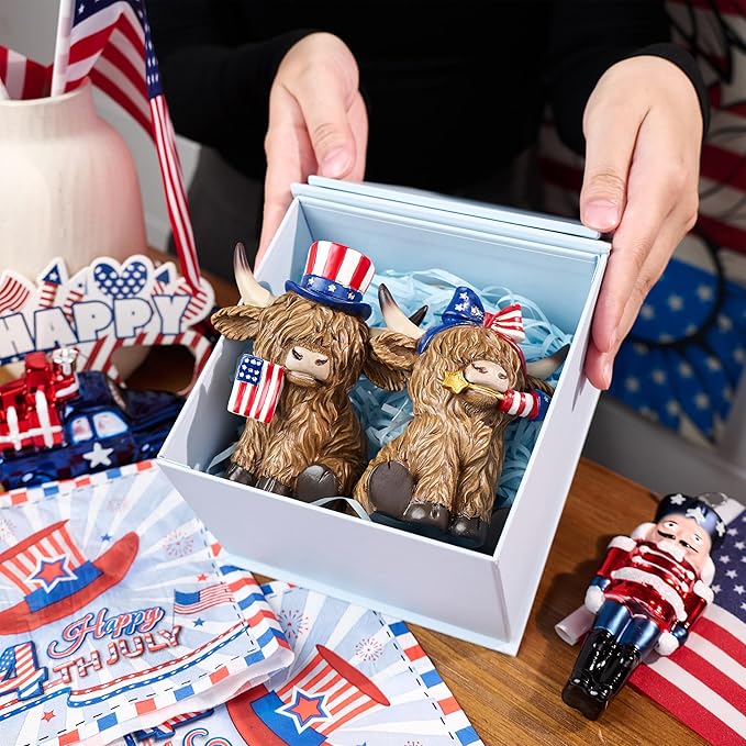 Valery Madelyn 4th of July Highland Cow Decorations, Memorial Day Decoration for Home Decor, Large 2Pcs Patriotic High Mountain Yak Figurines USA 250th Anniversary Decorations, Independence Day