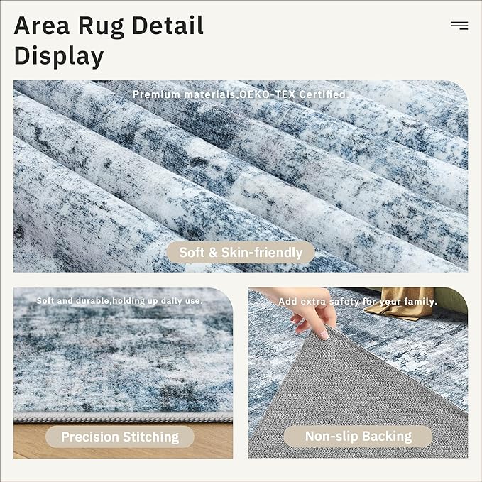Soalmost 5x8 Area Rugs Blue/Grey Low Pile Indoor Washable Trendy Faded Style Rugs for Bedroom Living Room Dining Room Foldable Non-Slip Thin Print Home Office Mat