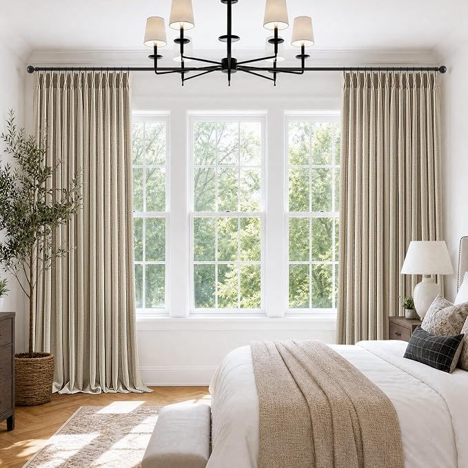 Extra Wide Pinch Pleated Linen Curtains 108 Inch 1 Panel Long for Living Room Patio Sliding Door 70 Inch Width Semi Sheer Privacy Pleat Curtains with Hooks Rings Retro Burlywood Birch Back Tab Drapes