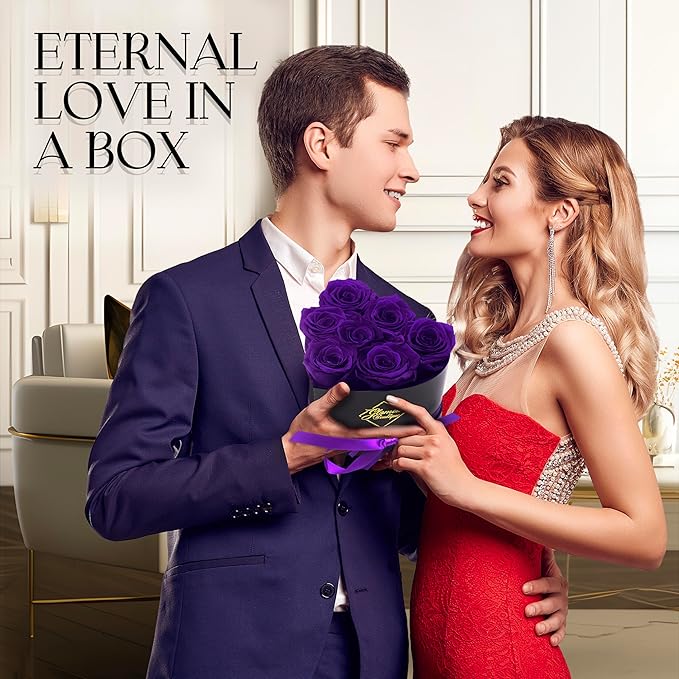 GLAMOUR BOUTIQUE 7 Flower Forever Heart Shape Box, Eternal Preserved Roses Gift for Her, Lasting Flowers, Petite Floral Heart Box for Birthday, Anniversary or Valentine’s Day, Purple (Color-Treated)
