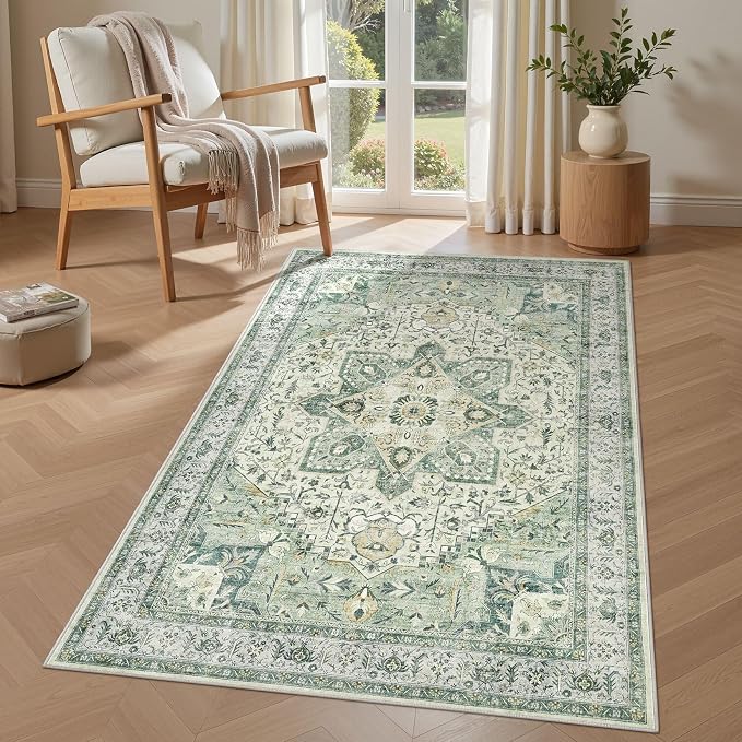 Tortania Area Rug Living Room Rugs - 3x5 Washable Rug Vintage Oriental Distressed Farmhouse Small Thin Indoor Carpet for Living Room Bedroom Under Dining Table Home Office - Green