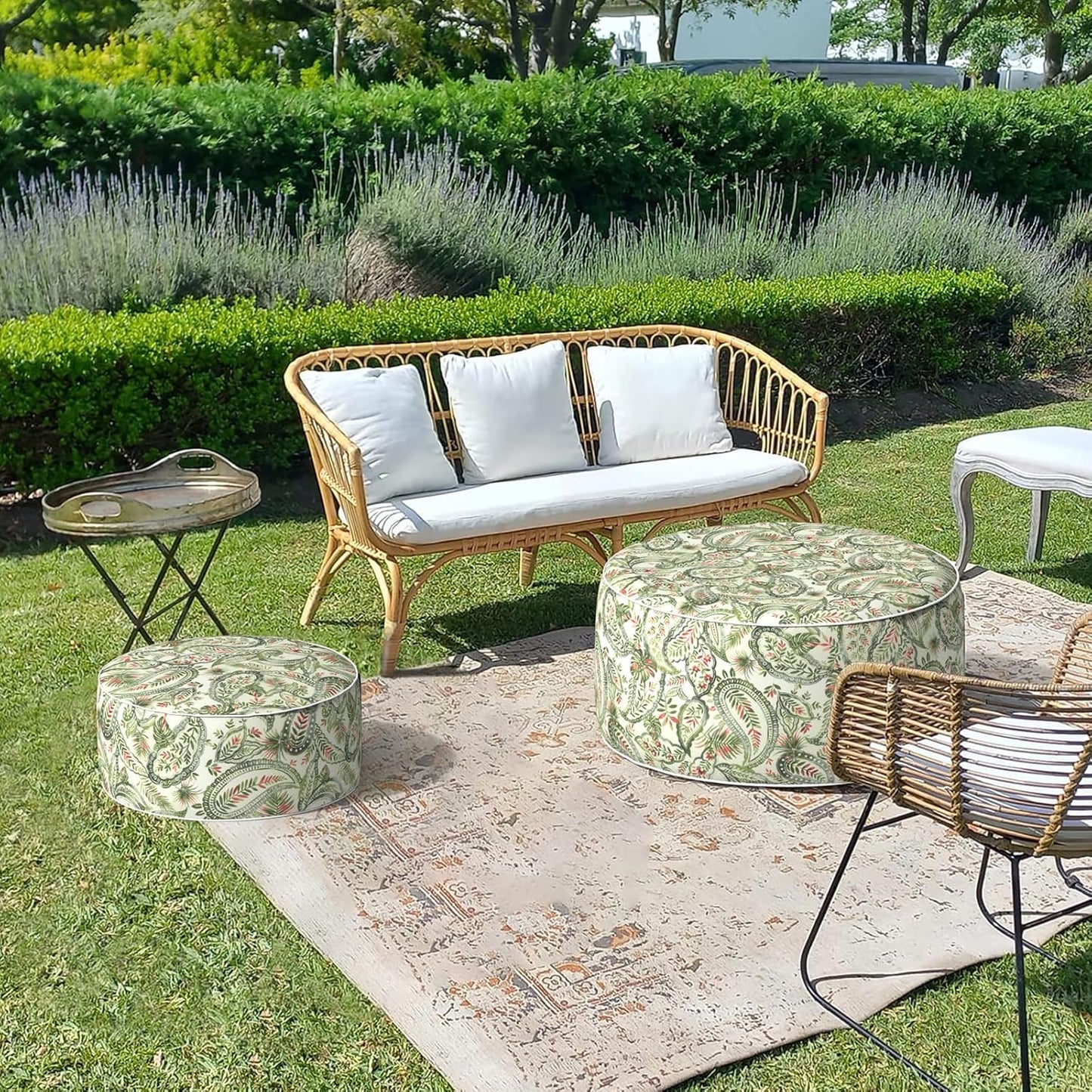 LVTXIII Outdoor Inflatable Ottoman, Fade-Resistant Round Footrest Stool D31”x H14”, Portable Patio Pouf for Garden Camping or Home Use, Faylinn Shadow Paisley