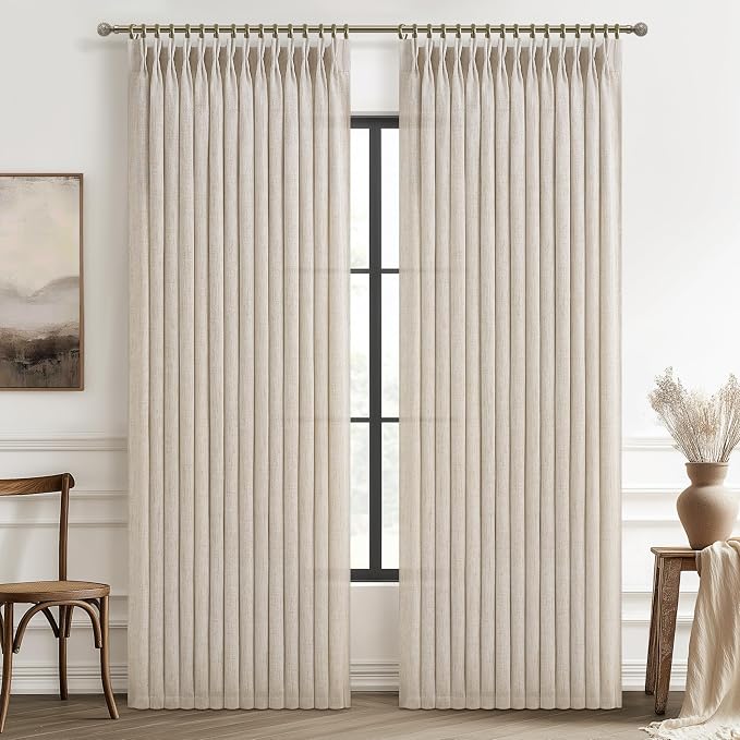 Pinch Pleated Light Filtering 60 Inch Wide Natural Curtains 84 Inches Long for Living Room, Memory Shape Thick Linen Semi Sheer Privacy Modern Viral Windows Curtain & Drapes 7 FT Length 2 Panel Set