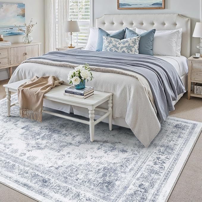 PureCozy Washable Rug 9x12 Area Rug for Living Room Blue Vintage Boho Medallion Large Distressed Retro Carpet Non Slip Indoor Low Pile Small Soft Bedroom Dining Room Home Office