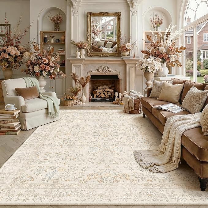 PureCozy 8x10 Beige Area Rug for Living Room Bedroom Washable Vintage Floral Carpet Low Pile Non Slip Botanical Aesthetic Large Dining Room Soft Accent Throw Rug Nursery Office Indoor