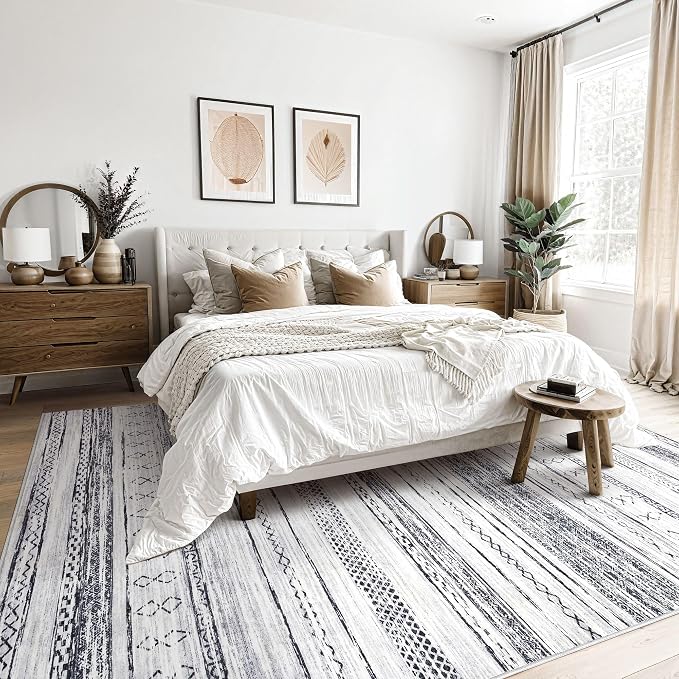 Tortania Area Rug Living Room Rugs - 5x8 Washable Large Soft Neutral Boho Moroccan Bohemian Farmhouse Rug Indoor Floor Carpet for Bedroom Under Dining Table Home Office Decor - Grey