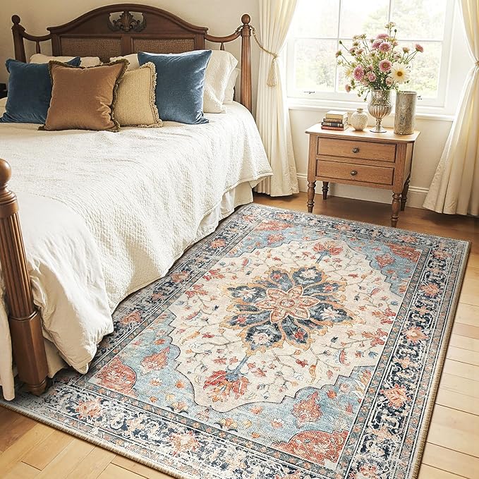 RELEANY Area Rugs 4'x5' Washable Non-Slip, Floral Vintage Distress Print Pattern Medallion Carpet for Living Room Bedroom Dining Room, Beige Navy Blue Orange Colorful
