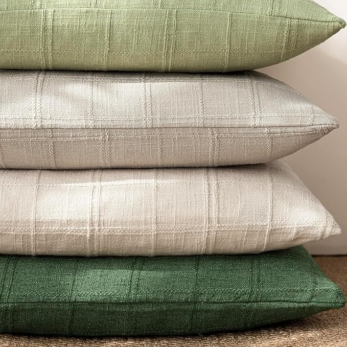 Foindtower Set of 2 Decorative Linen Check Throw Pillow Covers Neutral Farmhouse Vintage Cushion Covers Cozy Modern Boho Accent Home Decor for Sofa Chair Couch Bed Living Room,14×36 Inch,Forest Green