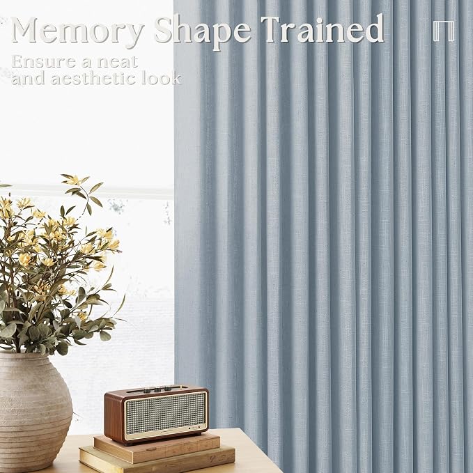 Dusty Blue Pinch Pleated Short Linen Curtains 45 Inches Long 2 Panels for Living Room Bedroom Memory Trained Semi Sheer Pleat Drapes Hooks Rings Light Filtering Small Kitchen Window Curtain 40x45