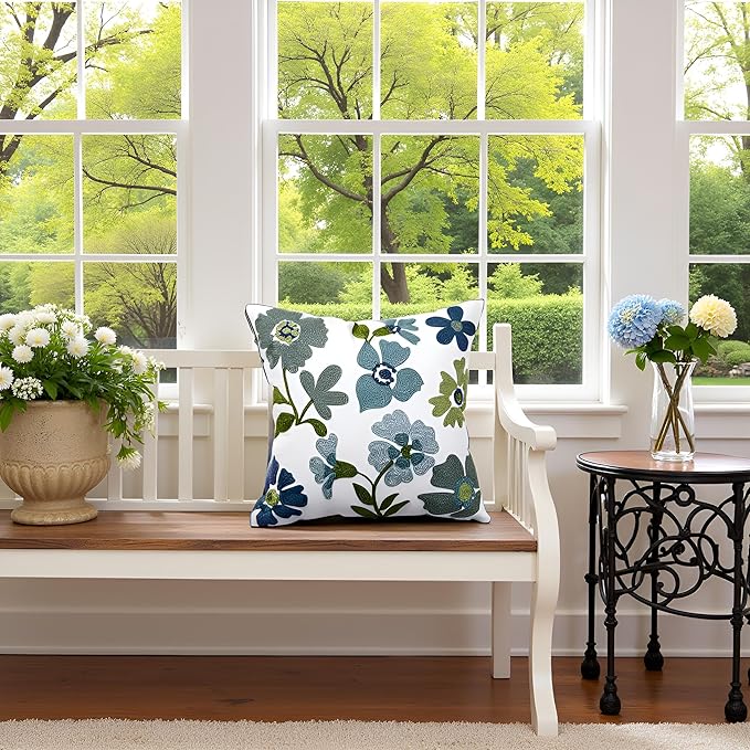 Embroidered Throw Pillow Covers 18x18 inch Pack of 2 Blue Blossoms Spring Summer Decorative Pillowcases Farmhouse Coastal Pillow Cushion Cases Home Decor for Sofa Bed Living Room