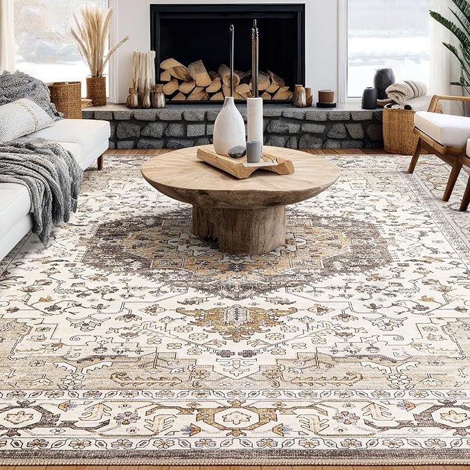 12x18 Area Rugs for Living Room - Large Carpet Ultra Thin Soft Washable Oriental Vintage Floral Distressed Big Indoor Carpets for Bedroom Nursery Dorm Home Decor Aesthetic - Camel/Beige