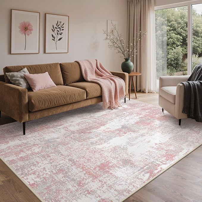 BEIMO Area Rugs 5x7 for Living Room Bedroom, Modern Abstract Machine Washable Rug, Large Soft Low Pile Floor Carpet with Non Slip Backing for Dining Room, Pink/Grey