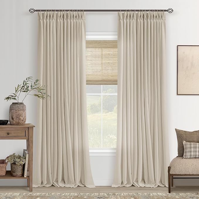 Neutral Linen Curtains 102 Inch Long Pinch Pleated 2 Panels for Living Room Light Filtering Semi Sheer Pinch Pleat Curtain 102 Length Memory Trained Boho Farmhouse Earthy Tone Drapes Apricot Oatmeal