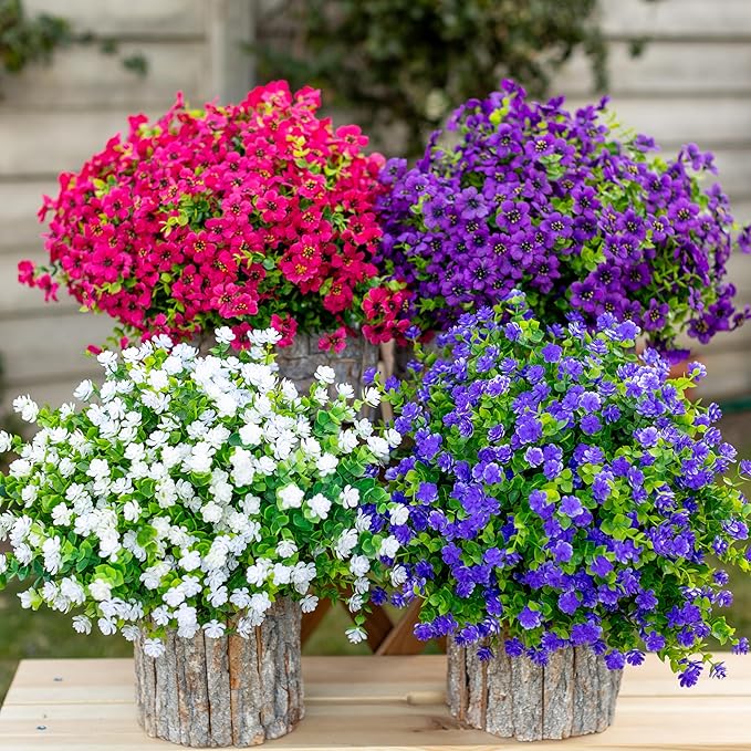 AXYLEX Artificial Flowers for Outdoors Fake Plants - 12 Bundles Faux Outside Greenery Boxwood No Fade Plastic Shrubs Fall Decor Farmhouse Home Garden (White)