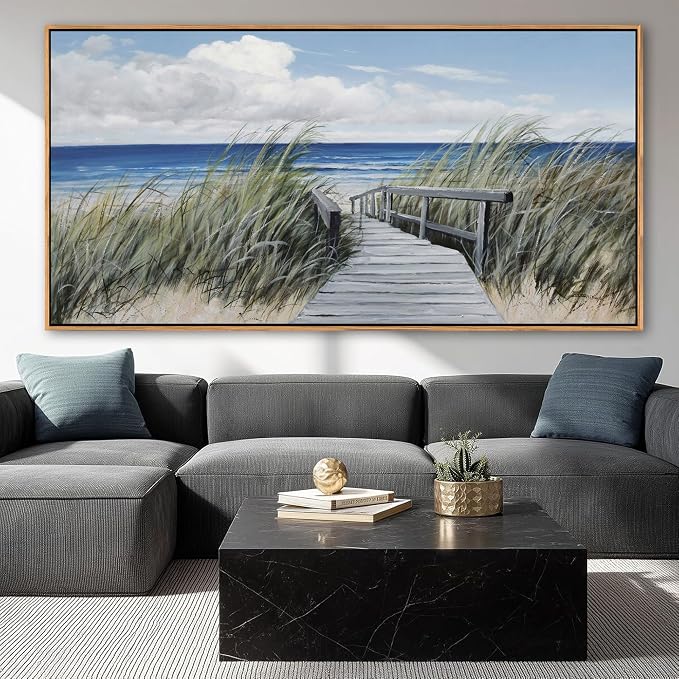 Coastal Wall Art for Living Room - Vintage Farmhouse Landscape Artwork for Walls, Framed Blue Seascape Canvas Decor, Beach Pictures for Bedroom, Ocean Wall Decor Home Decorations 24×48IN