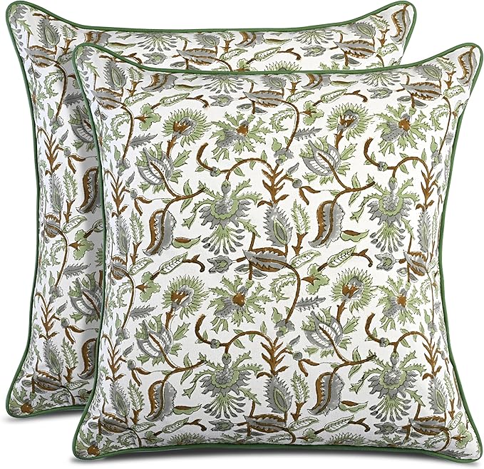 CPC 100% Cotton Throw Pillow Covers 20x20 Inch, Set of 2 Green Block Print Pattern Couch Pillow, Cute Boho Decorative Pillows for Living Room, Bedroom with Hidden Zipper- Mint Leaf