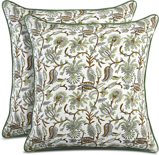 CPC 100% Cotton Throw Pillow Covers 20x20 Inch, Set of 2 Green Block Print Pattern Couch Pillow, Cute Boho Decorative Pillows for Living Room, Bedroom with Hidden Zipper- Mint Leaf