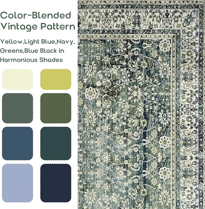 Dark Green Area Rugs 8x10 for Living Room Washable Non Slip Low Pile Blue and Green Rug Boho Vintage Floral Distressed Indoor Large Carpet for Bedroom Under Bed Dining Room Under Table 8 x 10,Teal
