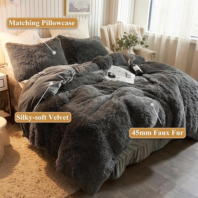 XeGe Plush Shaggy Duvet Cover Set, Luxury Ultra Soft Crystal Velvet Fluffy Bedding Sets 3 Pieces(1 Furry Faux Fur Comforter Cover + 2 Fuzzy Faux Fur Pillowcases), Zipper Closure(King, Dark Gray)