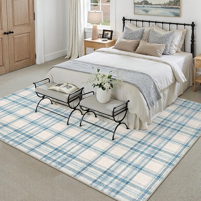 9x12 Blue Area Rug for Living Room Bedroom Soft Low Pile Checkered Large Carpet Modern Accent Non Slip Rug for Dining Room Nursery Office Indoor