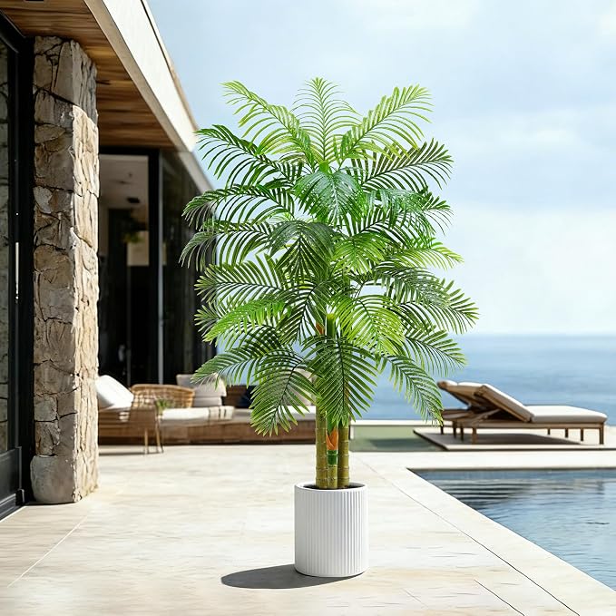 Artificial Golden Cane Palm Tree：6T Fake Large Tropical Areca Palm Trees Tall Faux Silk Plant in White Pot with Realistic Triple Textured Trunks for Office Outdoor Home Decor Hotel Patio Lobby