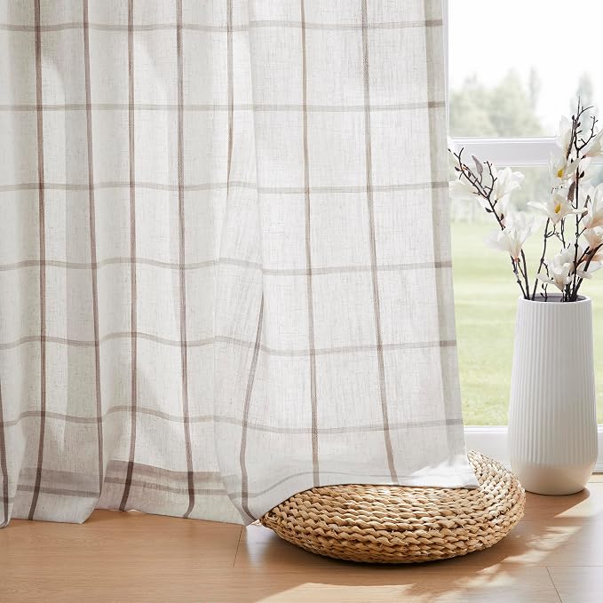 Vision Home Tan Plaid Linen Pinch Pleated Semi Sheer Curtains 60" Wx84 Lx2 | Checkered Light Filtering, Back Tab,with Ring Hooks, 2 Panels, Living Room Bedroom, Rustic Pleat Drapes