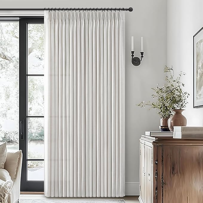 PleatedDrapes Beige White Sheer Linen Curtains 96 Inches Long for Bedroom, Neutral Modern Window Pinch Pleat Living Room Curtain for Sliding Glass Doors Light Filtering with Hooks 40" x 96"x 2Panels