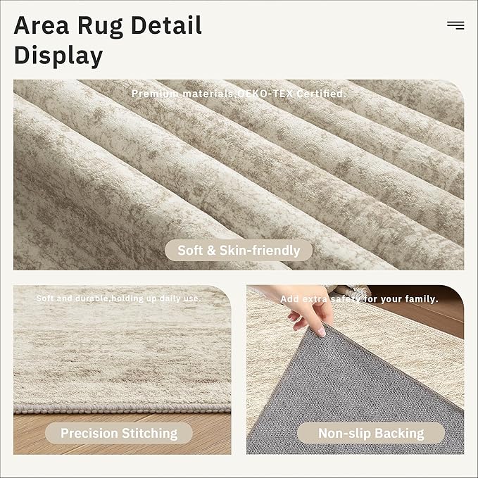 Soalmost Runner Rug 2'6" x 12' Washable Non-Slip Runner Rugs for Kitchen Bathroom Laundry Room Vintage Ultra Thin Runners for Hallway Entryway Beige