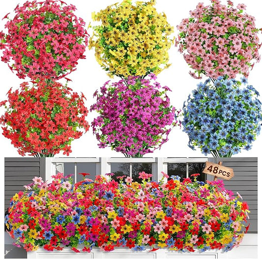 SHareconn 48 Bundles Artificial Flowers for Outdoors Spring Decoration, Fake Silk Realistic Faux Plants UV Resistant for Outside Planter Porch Patio Summer Indoor Decor, RedRose PurpleYellowPinkBlue