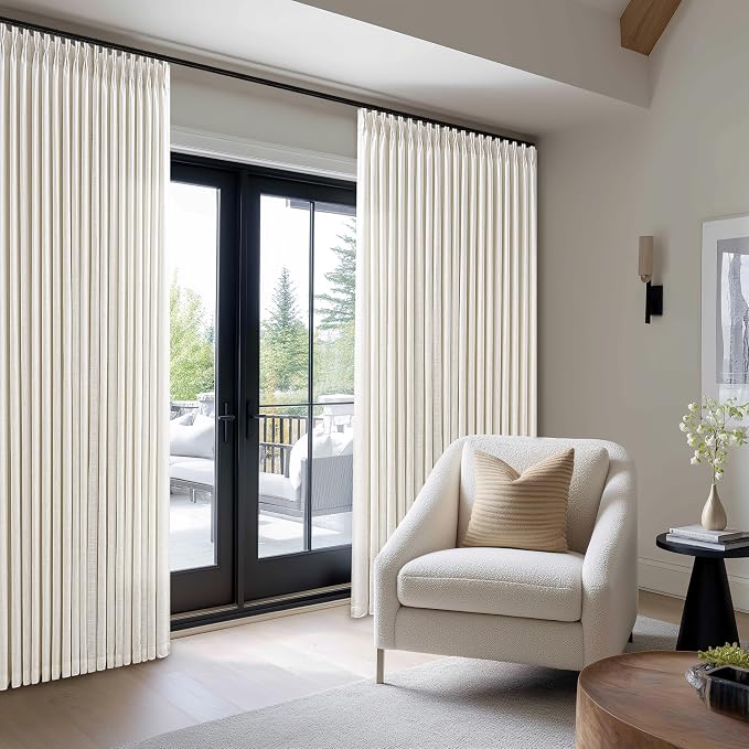 Pinch Pleat Extra Wide 84 x 108 Inch Linen Curtains for Living Room Pleated Drapes with Hooks Rings Light Filtering Cream Ivory Patio Sliding Door Big Window Curtains 108 Inch Length 84 Inch Width