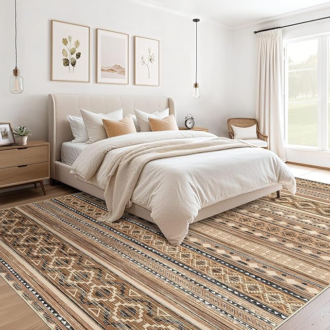 cotiled 5x7 Area Rug Living Room: Washable Boho Rugs with Non Slip Backing Large Soft Indoor Stain Resistant Carpet for Bedroom Farmhouse Dining Room Lightweight Home Decor Brown/Beige