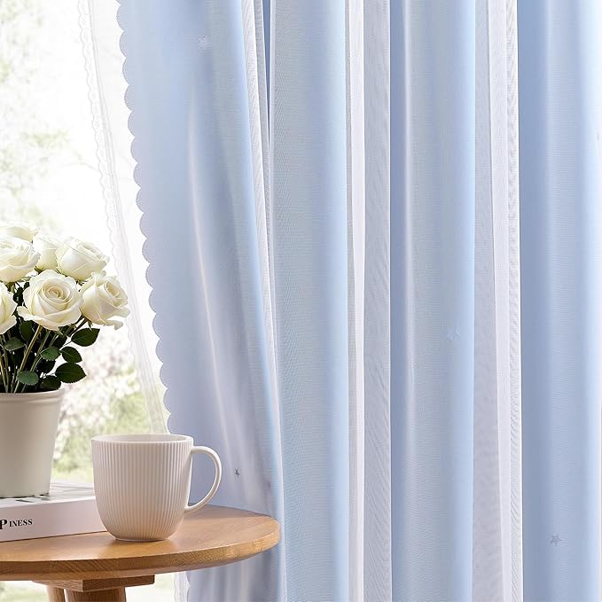 XiDi Light Blue Blackout Curtains for Girls Kids Bedroom Living Room 45 Inches Long 2 Panels Star Curtains Boys Room Darkening Thermal Insulated Drapes Grommet Noise Reduction Window Treatments 34x45