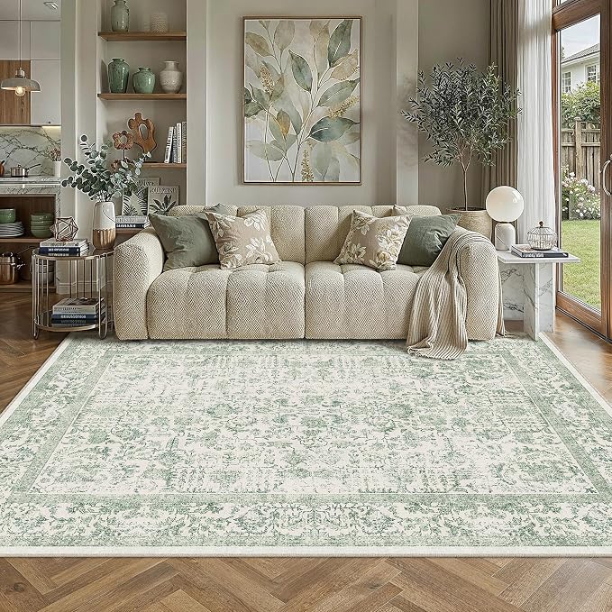 PureCozy Green Area Rug 7x9 Machine Washable Vintage Living Room Distressed Non Slip Carpet Traditional Indoor Bedroom Retro Floral Accent Throw Large Rug for Office Kitchen Dining Room