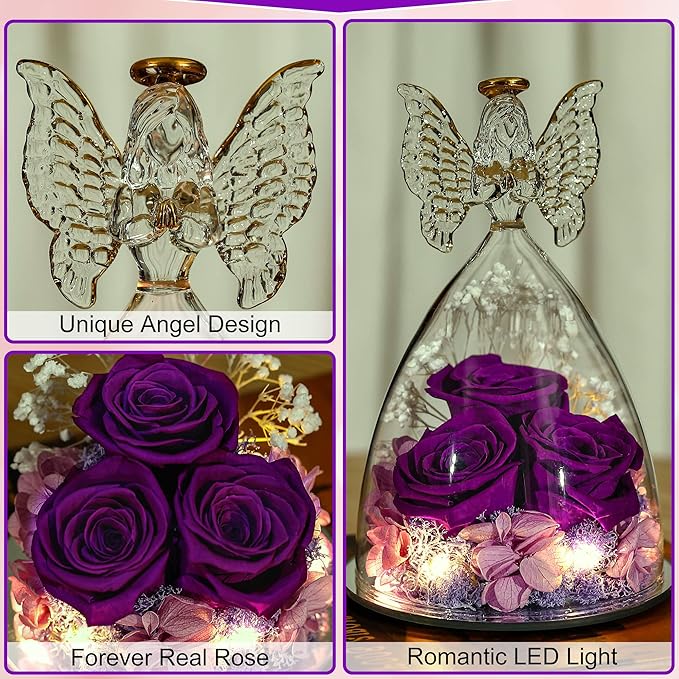 Mothers Day Rose Gifts for Women Preserved Real Flower in Glass Angel Figurines Roses for Delivery Prime Birthday Gifts for Mom Grandma Girlfriend Wife Her - Purple