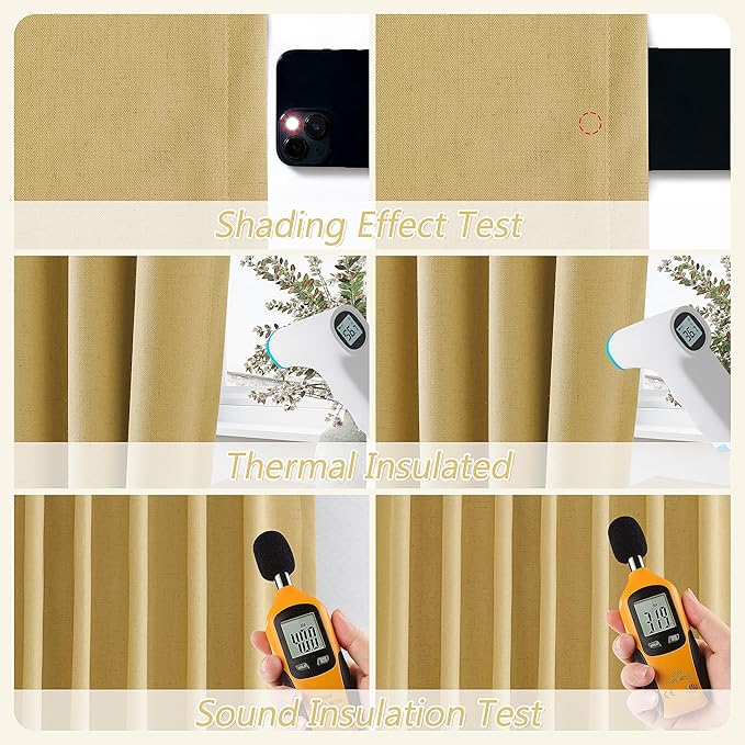 Guken 100% Blackout Curtains 102 Inch Length 2 Panels Set for Living Room Bedroom Back Tab Thermal Insulated Black Out Linen Drapes Room Darkening Window Curtains Gold Yellow 52x102