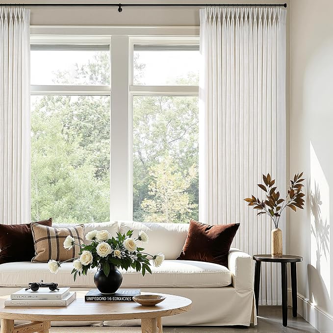 86 Inch Long Pinch Pleated Linen Curtains 2 Panels Set for Living Room 350GSM Thick Linen Textured Drapes Pinch Pleat Natural Cream Birch Semi Sheer Curtain for Dining Room Office Sliding Glass Doors