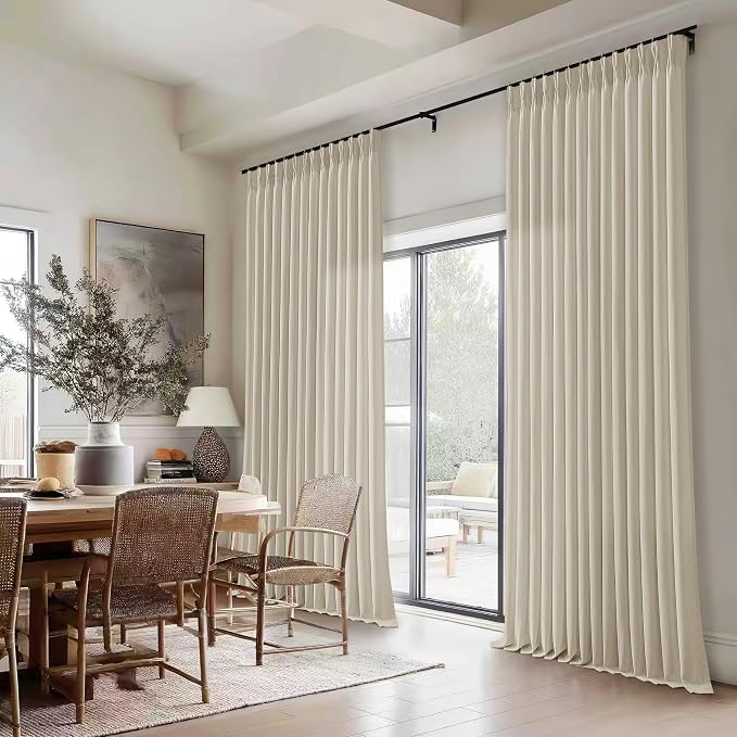 Linen Beige Pleated Curtains 90 Inches Long Patio Sliding Door Curtains 70 Inch Width Light Filtering Semi Sheer Curtain Drapes Oatmeal Tan Neutral Extra Wide 70x90 Curtain Panels for Living Room