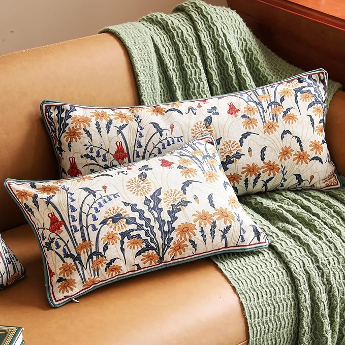 bilin gaier Designer Linen Throw Pillow Covers,20"x12" Set of 2-Tijuana | Vintage Elegant Rectangular Pillow Cover,Concealed Zipper,Floral Pattern,Sofas,Bedroom,Living Room,Lounge Chairs