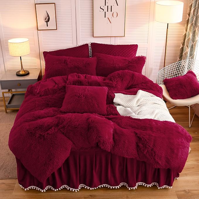LIFEREVO Luxury Plush Shaggy Duvet Cover Set, Soft Fluffy Furry Duvet Cover Set(1 Fuzzy Faux Fur Comforter Cover+1 Pompoms Pillow Case) Christmas Bedding Set, Zipper Closure(Twin/Twin XL, Burgundy)