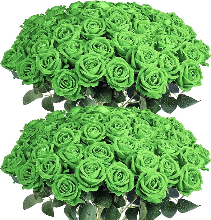 Auihiay 60PCS Green Roses Artificial Flowers, Fake Roses, Velvet Silk Green Flower, Natural-Looking Faux Blooms Ideal for Valentine's Day, St. Patrick's Day, DIY Floral Craft & Home Decoration