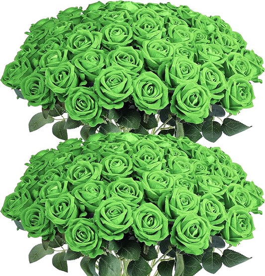 Auihiay 60PCS Green Roses Artificial Flowers, Fake Roses, Velvet Silk Green Flower, Natural-Looking Faux Blooms Ideal for Valentine's Day, St. Patrick's Day, DIY Floral Craft & Home Decoration