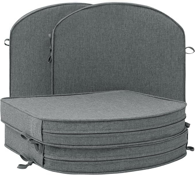 Outdoor Chair Cushions, Fade-Resistant & Water-Resistant, D Shaped Patio Furniture Seat Chair Pads Replacement with Ties, Non-Slip Bottom, Removable Cover, Set of 4, 18.5 x 16 Inch, Dark Grey