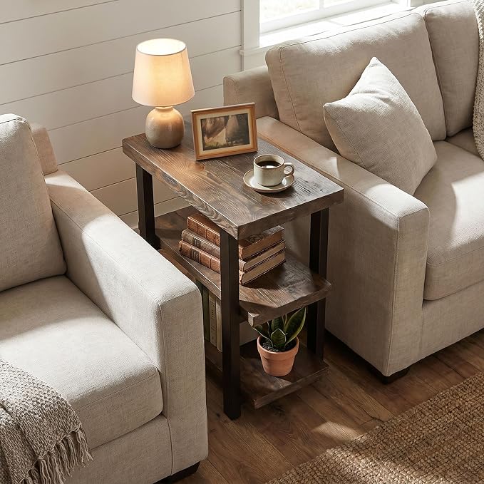 Alaterre Furniture Pomona Solid Wood 3-Tier End Table, Rustic Brown, 20” | Small Side Table or Nightstand with Storage Shelf and Metal Legs, Rustic Farmhouse Chair Side Table for Living Room & Bedroom