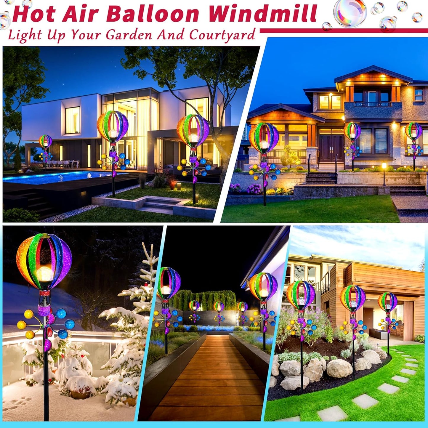 Solar Wind Spinner Outdoor - Hot Air Balloon Wind Spinners, Metal Garden Decor with LED Lights, 360° Rotating Waterproof Yard Decorations, Solar Powered for Day & Night, Lawn & Patio Windmill