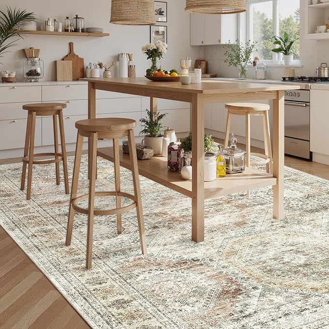 Soalmost 9x12 Area Rugs for Living Room, Non Slip Machine Washable Vintage Rugs, Low Pile Lightweight Large Rug for Bedroom, Dining Room, Home Office Brown Pink