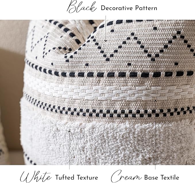 BlissBlush 20X20 Throw Pillow Cover, Cream Neutral Square Decorative Cushion Cover with Black Pattern, Boho Accent Pillowcase with Tufted Details and Tassels for Couch Sofa Living Room (Cover Only)