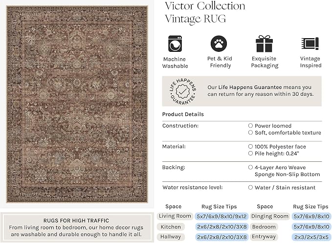 HUGEAR Hallway Runner Rugs 3x8 Rust Red Washable Rug Neutral Vintage Rug Carpet Distressed Soft Durable Non Slip No Shedding for Indoor Bedroom Kitchen Dining Nursery Laundry