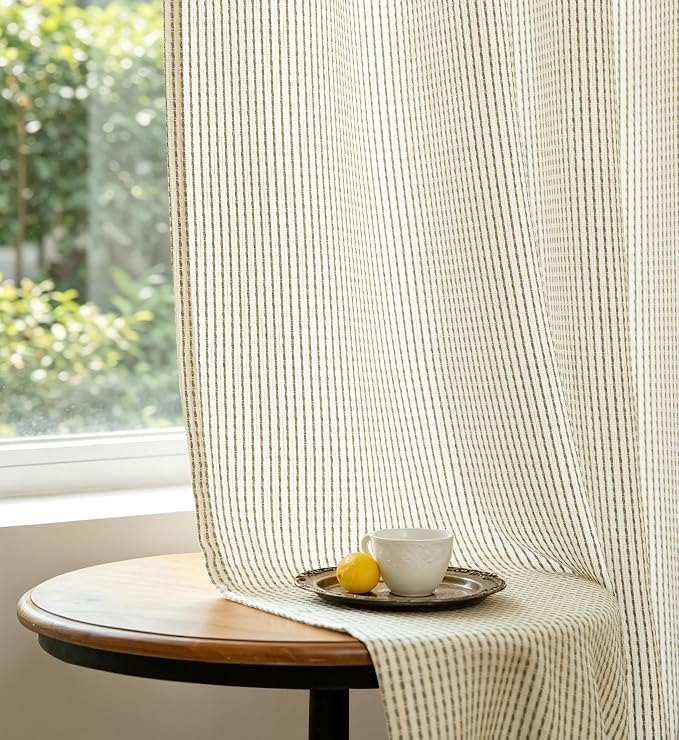 DriftAway 3D Chenille Striped Curtains 90 Inches Long Tweed Linen Textured Light Filtering Woven Embroidered Luxury Soft Drapes for Living Room Bedroom Grommet Privacy 2 Panels W52 x L90 Green Gray