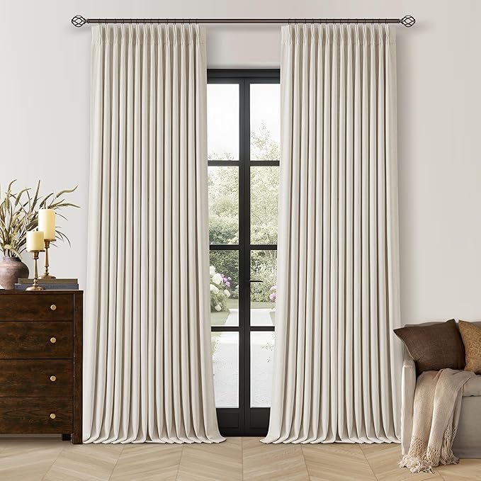 TWODRAPES 92 Inch Long Pinch Pleated Blackout Curtains for Bedroom Living Room, Natural Beige Linen Blend 100% Blackout Sliding Door Curtains, Cozy Modern Privacy Protection Curtains 92 Inches